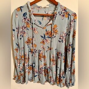 Women’s Easel Light Blue Floral Print Balloon Sleeve Long Sleeve Top Sz Small